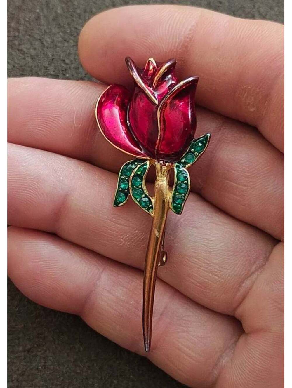 1980s Gold Tone Red Rose Brooch With Green Rhinestones Brooch Pin